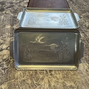 Set Of 2 Vintage Aluminum Trays with Hand Forged Geese And Marsh Design